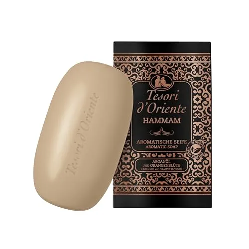Tesori d' Oriente Feste Seife Hammam 125 g - Hautpflege mit intensiv pflegendem Argan-Öl, inspiriert von arabischen Thermalbädern. Verwöhnt die Haut und verwandelt Ihr Badezimmer in eine Wohlfühloase mit verführerischem Duft von Orangenblüten.