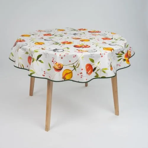 laro 140cm runde Wachstuch Tischdecke abwaschbar Wachstuchtischdecke mit Saum-Eingefasst-Paspelband, Muster:Granatapfel Rot Orange Weiß, Größe: Rund 140cm