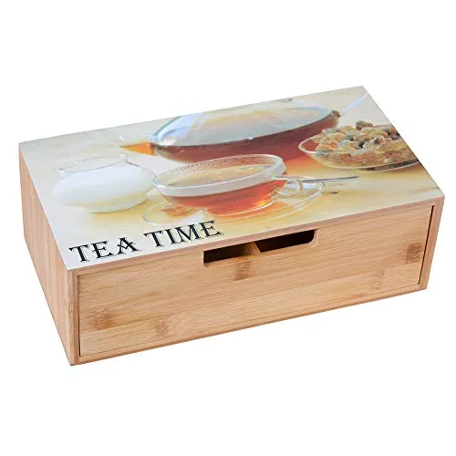 GRÄWE Teebox aus Bambus mit 4 Fächern, Teebeutelbox mit Schublade für aromageschützte Aufbewahrung von Tee - 30 x 15,5 x 10 cm