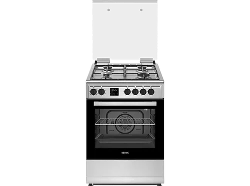 KOENIC KFC 2421-2 Standherd mit Gasbackofen - Kompakter 60x60cm Gasherd mit 4 Gaskochfeldern und elegantem Edelstahl-Design. Ideal für die tägliche Küche, inklusive Glasdeckel mit Stoßfängern.