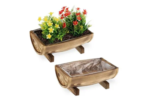 Relaxdays Holz Blumenkasten 2er Set Braun - Verschönern Sie Ihren Außenbereich mit diesen handgefertigten Blumenkästen aus robustem Tannenholz. Die geflammte Vintage-Optik und die Folienauskleidung ermöglichen ein direktes Bepflanzen. Ideal für Garten, Balkon oder als rustikaler Akzent drinnen.