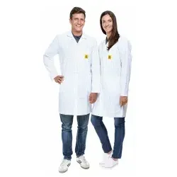SafeGuard ESD Kittel Pro-Line, weiß, 3/4 Länge, Größe XS - Leichter, atmungsaktiver ESD Kittel mit hohem Tragekomfort. Praktische Seitentaschen und versteckte Knopfreihe. Ideal für den professionellen Einsatz, erfüllt die Anforderungen der DIN EN 61340-5-1.