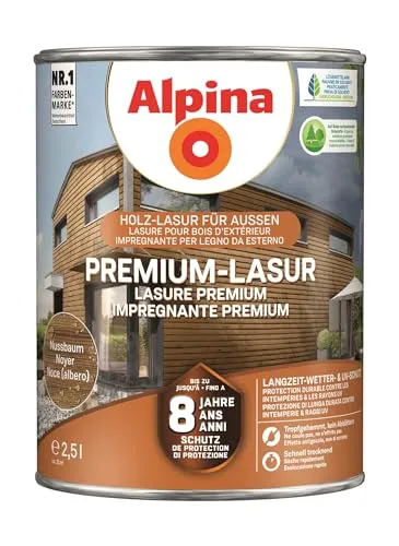 Alpina Lasur Premium-Lasur 2,5 Liter seidenmatt - Holzlasuren mit bis zu 8 Jahren Wetterschutz, ideal für raue Witterungsbedingungen und UV-Schutz für langlebige Holzpflege.