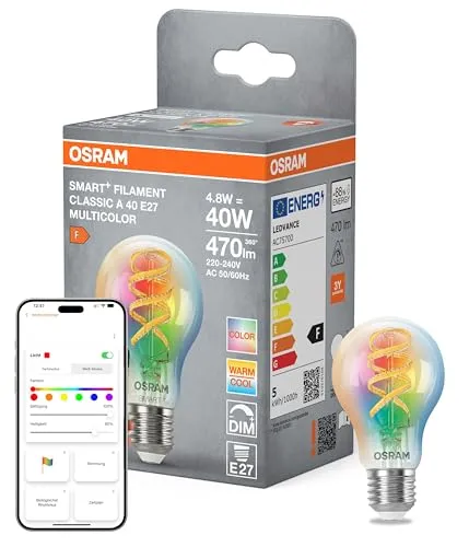Osram SMART+ LED-Lampe Kolbenform A40 RGBW E27 - Energiesparlampe mit Matter-Zertifikat, steuerbar per App, bietet Multicolor-Optionen und energieeffiziente 4,8W Leistung für stimmungsvolle Beleuchtung.
