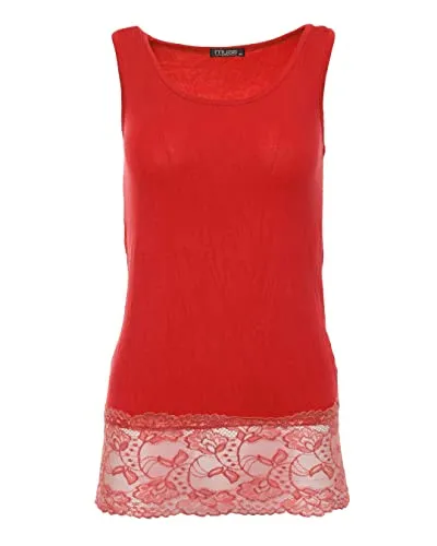 Easy Young Fashion - Damen Trägertop mit Spitzensaum - langes Unterziehshirt Skinny Fit 0518 (Rot M/L)