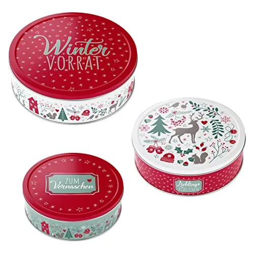 Spetebo Metall Gebäckdose 3er Set - WINTER VORRAT - Runde Keksdosen mit winterlichen Motiven - Plätzchen Keks Gebäck Vorrats Dose ineinander stapelbar