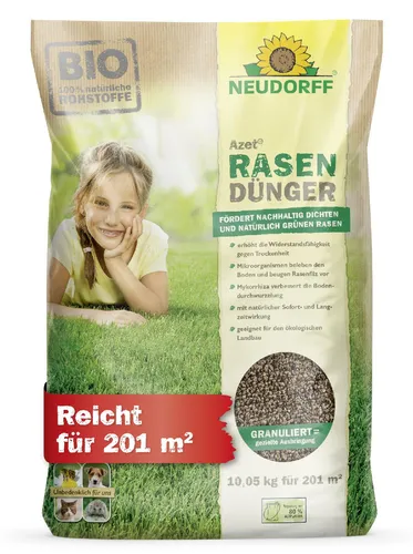 Neudorff Azet RasenDünger 10,05kg - Effektiver Frühjahrsdünger für Ihren Rasen - Biologischer Dünger für 201 m² Rasenfläche. Schnell- und Langzeitwirkung fördert die Widerstandsfähigkeit und Nährstoffaufnahme für einen gesunden, grünen Rasen.