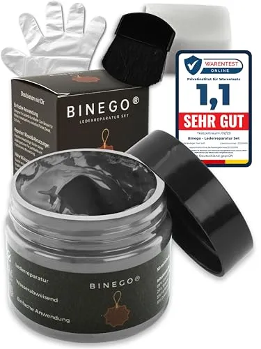 Binego Lederreparaturset - Schnell trocknendes Flüssigleder für Kunstleder und Leder - Reparaturset für Leder und Kunstleder, ideal für Möbel, Schuhe und mehr. Enthält 50 ml schnell trocknende Creme, Handschuhe und Anleitung – für eine einfache und effektive Anwendung.