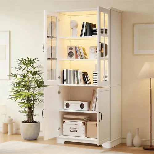 MODFU Hochschrank Aufbewahrungsschrank mit 5 Ablagefächern und Glastüren im Landhaus-Stil - Praktischer Hochschrank mit 5 flexiblen Ablagen für Bücher und Deko. Der elegante Look mit Gitterglas-Türen bringt Stil in jeden Raum und nutzt vertikalen Platz optimal aus.