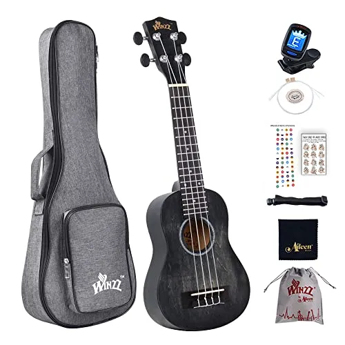Winzz 21" Sopran Ukulele Anfänger Set Kinderm Erwachsene, Einzigartiges Farbdesign, mit Tasche, Stimmgerät, Zusätzlichen Saiten, Gurt, Noten-Aufkleber, Poliertuch-Schwarz