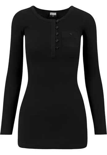 Urban Classics Damen Long Rib Pocket Turnup Tee Schwarz S - Figurbetontes T-Shirt mit Rundhalsausschnitt und Knopfleiste. Die hochgekrempelten Ärmel sind durch Riegel fixierbar. Ideal für einen lässigen Look im Alltag.