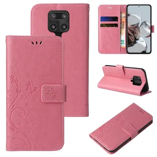 LBH Handy Hülle für Xiaomi Redmi Note 9 Pro Case Handytasche Schmetterling Blumen Flower Standfunktion Schutzhülle Magnet Rundum Schutz 360 Grad Flipcase Cover Rosegold