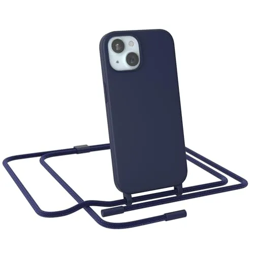EAZY CASE - Handykette kompatibel mit iPhone 15 - dünne Handyhülle Hülle mit Band als Fallschutz Kette zum Umhängen stoßeste Hülle Silikon mit Mikrofaser in Nacht Blau