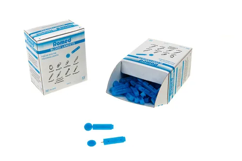 Romed Blutlanzetten für Stechautomat, Tri-bevel, blau, steril, 100 Stück