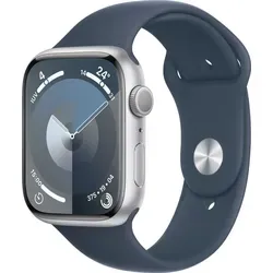 Apple Watch Series 9 45 mm - Silber Aluminium mit blauem Sportarmband M L, neuester S9-Chip für blitzschnelle Leistung und umfassende Gesundheitsüberwachung