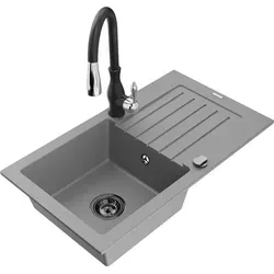 Mexen Pablo Granitspüle mit Abtropffläche und Mischbatterie Savita, Grau - 6510-71-672601-70-B - Elegante 1-Becken Granitspüle mit Abtropffläche und hochwertiger Mischbatterie. Ideal für moderne Küchen, bietet eine praktische Lösung für den täglichen Einsatz.