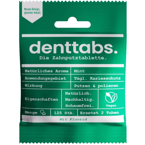 DENTTABS Zahnputztabletten stevia-mint 125 St - Zahnpasten mit natürlichem Stevia-Geschmack, umweltfreundlich und praktisch für zu Hause oder unterwegs.