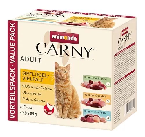 animonda Carny Katzenfutter nass Pouch Geflügel-Mix (8 x 85g), getreidefreies Katzennassfutter ohne Zucker für ausgewachsene Katzen mit frischen fleischigen Zutaten, praktische Portionsbeutel