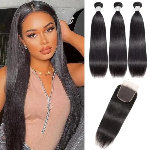 RICHAIR Straight Human Hair Bundles with Closure 8 10 12 + 8 Inches Brazilian Human Hair Bundles with Closure Straight 100% Unprocessed Virgin Weave Hair Bundles with Lace Closure