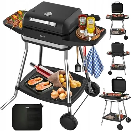 2in1 Elektrogrill Standgrill Tischgrill elektrisch 3.050 Watt - Elektro Grill für Balkon, Draußen mit Standfuß große Grillfäche Stufenloser Temperaturregler elektrischer BBQ Grill