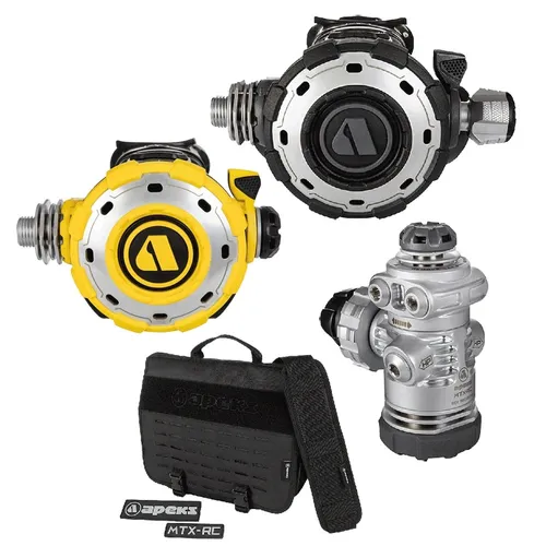 Apeks MTX-RC DIN Set mit Octopus - Atemregler für Extreme - Tauchen Sie überall mit dem robusten Apeks MTX-RC Atemregler, der für extreme Bedingungen ausgelegt ist. Er bietet müheloses Atmen, vereisungssichere Technologie und eine praktische Kuriertasche für den perfekten Transport.