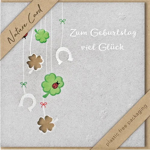 bsb - Karte zum Geburtstag - Nature Card - Nachhaltige Karten - Geburtstagskarten mit Umschlag - Geburtstagskarte Frauen & Männer - Glückwunschkarte 15,5 x 15,5 cm - Kleeblatt & Hufeisen