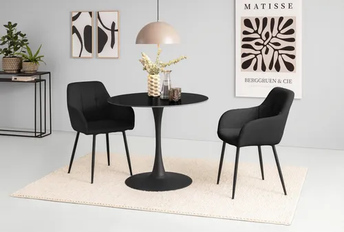 Essgruppe HELA "MOSEL" - Elegante Sitzmöbel in Marmoroptik - Esszimmergarnitur mit 1 rundem Tisch (90x75 cm) und 2 Armlehnenstühlen aus pflegeleichtem Microfaser-Webstoff. Ideal für stilvolle Essbereiche, belastbar bis 120 kg pro Sitzplatz.