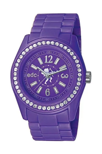 edc by Esprit Quarzuhr Disco Glam Purple mit Zirkonia - Stylische Armbanduhr in Violett mit funkelnden Zirkonia-Steinen. Ideal für den täglichen Einsatz und besondere Anlässe. Wasserdicht bis 3 atm, robustes Kunststoffgehäuse und komfortable Faltschließe.