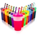 Patinao 14 Stück Becher Tasse Trinkbecher mit Strohhalm & Deckel - 350ml Farbwechselbecher Mehrweg Plastikbecher Tasse Eiskaffee Smoothie Cup Travel Mug (mit Silikon Strohhalm Cover)
