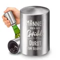 Kapselheber 'Push & Pull' mit Motiv - lustiges Bier Geschenk und Gadget für Männer - Flaschenöffner mit Push-Up-Funktion - Bieröffner aus Aluminium in Edelstahl Optik - silber