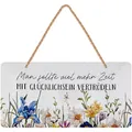 LANOLU Retro Blechschilder ZEIT MIT GLÜCKLICHSEIN- vintage Metallschilder mit Sprüchen als Wanddeko für Küche und Garten - Shabby Chic Deko inkl. Jutekordel 16x32cm