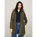 Steppmantel TOMMY JEANS "TJW ESSENTIAL HOODED DOWN COAT", Damen, Gr. XS (34), grün (fatigue grün), Web, Steppware, Obermaterial: 100% Polyester. Futter: 100% Polyester, unifarben, casual, regular fit hüftbedeckend, Langarm Rippbündchen, Mäntel, mit Fellimitat, Logostickerei