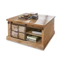 Loberon Couchtisch Finegand, Mix, mit Schiebetür & Vier Schubladen, Industrial-Style, Wohnzimmertisch, Sofatisch, Tannenholz, Eisen, Glas, antikbraun