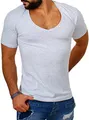 Young & Rich Herren Uni T-Shirt Basic mit extra tiefem V-Ausschnitt Slimfit deep V-Neck Stretch dehnbar 1315, Grösse:M, Farbe:Hellgrau