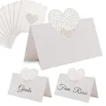 Decoraparty 10 Tischkarten mit geschnitztem Herz in Perlweiß - Tischkarte Dekoration elegant aus Papier für Tisch Hochzeit Gastgeschenk Hochzeit Jahrestag Hochzeit ~ 9 x 6,5 cm
