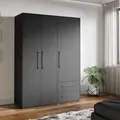 Forte Jupiter Kleiderschrank 140 150, 3-türiger Drehtürenschrank mit 2 Schubladen, Einlegeböden, Kleiderstange, Holzwerkstoff, Schwarz Matt, 144,4 cm breit, 200,1 cm hoch, 58,8 cm tief
