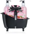 BRUBAKER Hautreinigungs-Set Bade- und Dusch Set mit Erdbeere & Kokos Duft, Badeset Wellness, 9-tlg., Beauty Set Geschenkset mit Deko Badewanne Schwarz, Pflegeset