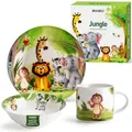 MIAMIO - 3er-Set Kindergeschirr/Porzellan Kinderbesteck, Kindergeschirr-Set aus Porzellan - Inklusive Teller, Schüssel und Tasse - Für Kinder und Kleinkinder (Dschungel) Jungle Grün