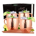 Vezato Moscow-Mule-Becher [500ml] – Gehämmerte Kupferbecher mit Strohhalmen – Handgemachtes -Set [4 Stück] – Rostfreie Kupfer Becher