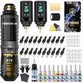 POSEIDON Akku-Rotary Tattoo Machine Kit mit 20 Tattoo-Kartuschennadeln, Tintenset & 2 Akkus | Professionelles Tattoo-Gerät für Anfänger | Komplettes Starter-Set (HM142)