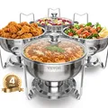 VEVOR Chafing Dish Buffet Speisenwärmer mit 4 Behältern in voller Größe (4,7 L pro), runder Catering-Wärmespender mit Glasdeckel & Wasserpfanne & klappbarer Ständer, für Hochzeiten Buffet Silber