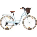 Goetze Mood 28 Zoll City Bike, 18 Zoll Tiefeinsteigerrahmen, 7-Gang Shimano Tourney, V-Bremse, LED-Beleuchtung, Komfortsattel, Rattankorb - Himmelblau
