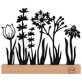 UNUS Aufsteller Silhouette Dekorative Blumenwiese Metall mit Bambusholzsockel, Ideal für Fensterbank, Küche oder Wohnzimmer Schwarz
