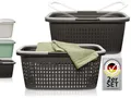 Hausfelder Wäschekorb mit Henkel 35L, Plastikkorb groß aus Kunststoff, Tragekorb für Wäsche mit Griffen stapelbar, Wäschewanne 58x37x25cm schwarz anthrazit (2er Set, 1 Korb + 1 Wanne)