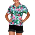 King Kameha Hawaiihemd Flamingo Flowers Funky Hawaiibluse Damen Kurzarm Front-Tasche Stylish blau M