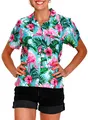 King Kameha Funky Hawaii-Bluse-Hemd, Kurzarm, Flamingo-Flowers, Türkis-Pink, M