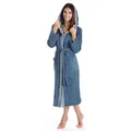 Egeria Damenbademantel Benny, ideal für Sauna & Spa, Hotelbademantel, Morgenmantel, Langform, Walkfrottee, Kapuze, Gürtel, mit Streifenbordüre blau S | 120 cm
