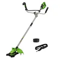 Greenworks GD24X2BCB Akku Freischneider mit bürstenlosem Motor, Geschirr, Motorradgriff, 38 cm Schnittbreite, 2 mm Nylonfäden, 25 cm Klinge, OHNE 2 x 24V Akku und Ladegerät, 3 Jahre Garantie