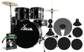 XDrum Rookie Schlagzeug Set Drumset Schwarz (20" BD, 10", 12", 14" TT, 14" SD, Übungsbecken bestehend aus einem Satz Hi-Hat-Becken 14" und 1 Crash-Ride-Becken 16", inkl. Schule & Schlagzeugdämpferset)