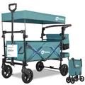 Sekey Bollerwagen Faltbar mit Dach 2 Kinder 100KG, Faltbarer Bollerwagen Handwagen Schiebegriff, Kinderwagen Stoßfest PU Räder mit Bremsen 110L, SS5050, Dunkelgrün
